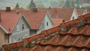 Toitures en tuiles rouges avec faîtage en ciment abîmé dans un quartier résidentiel.